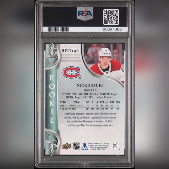 2019-20 Artifacts UD Nick Suzuki Rookie #Red196 GEM MT 10 Graded 445/999 Limited - Picture 2 of 2